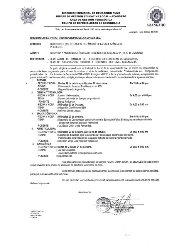 Oficio Multiple N Convoca A Asistencia T Cnica A Docentes