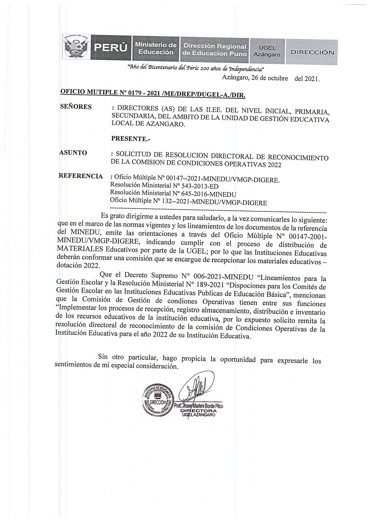 OFICIO MULTIPLE N° 0179 – 2021 – SOLICITUD DE RESOLUCIÓN DIRECTORAL DE  RECONOCIMIENTO DE LA COMISIÓN DE CONDICIONES OPERATIVAS 2022