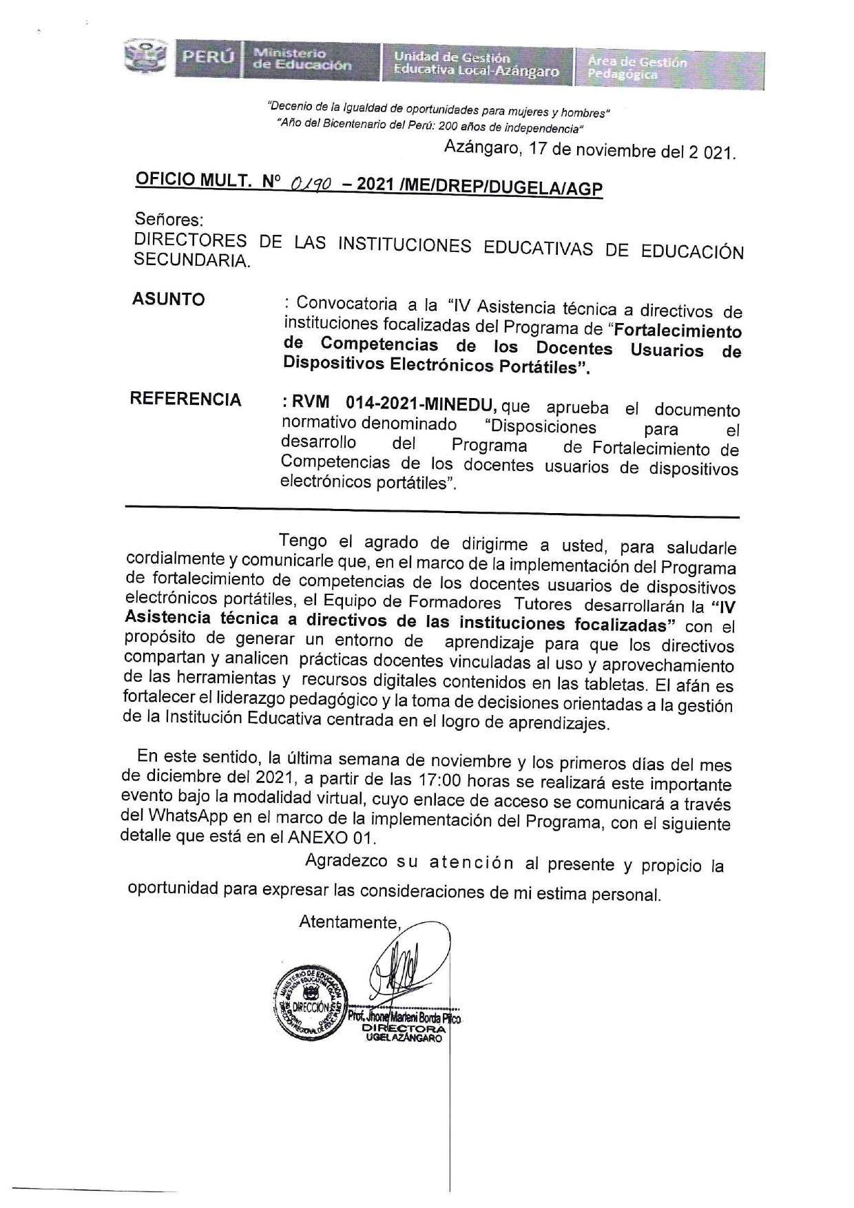 Oficio Multiple N° 0170 2021 Convocatoria Iv Asistencia TÉcnica A Directivos Focalizados Del 8838