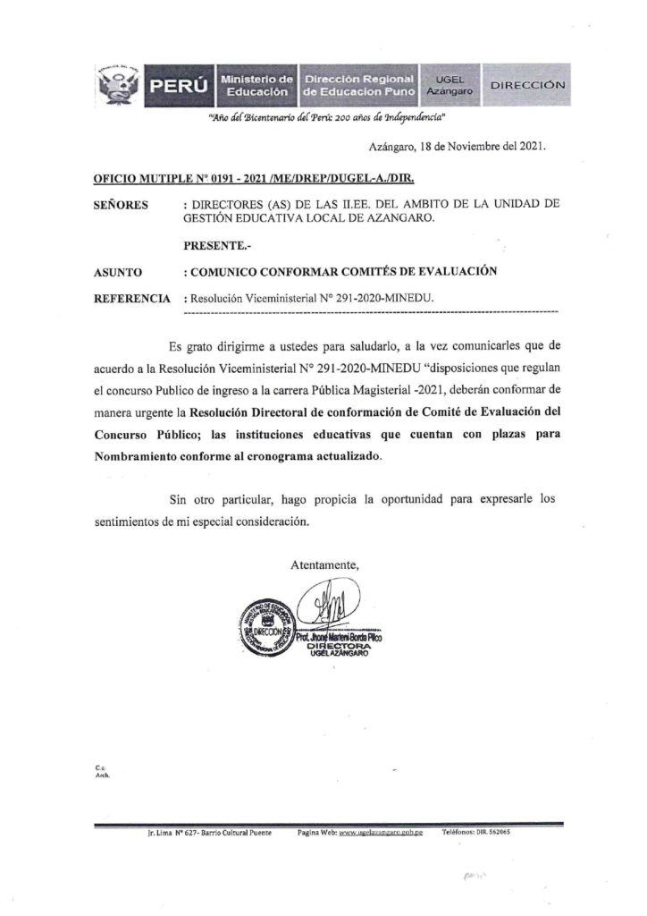 Oficio Multiple N° 191 2021 Comunica A Los Directivos De Las Ii Ee Conformar Comites De 3671