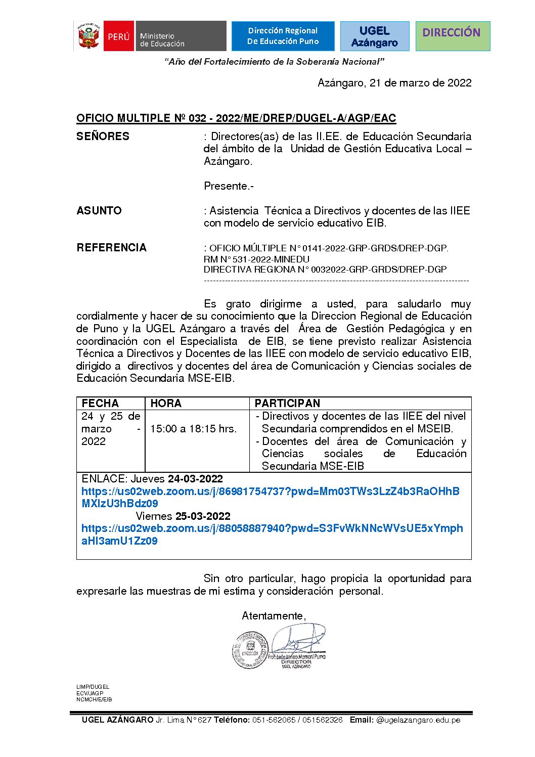 OFICIO MULTIPLE N° 032-2022/DREP/DUGEL-A/AGP/EAC.